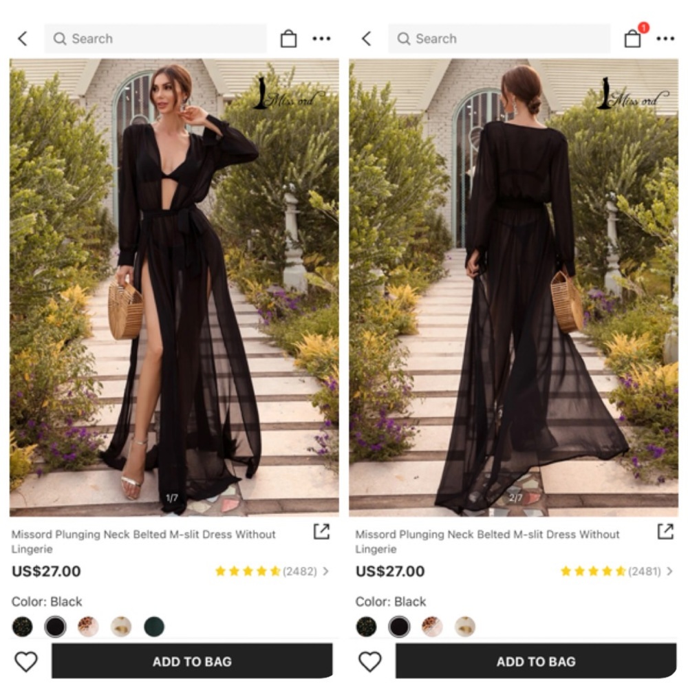 Missord plunge neck belted M-slit sheer dress, WITHOUT lingerie